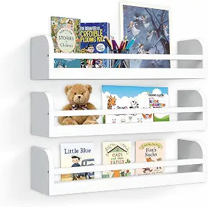 Floating Nursery Book Shelves, 16.5 inch Wall Book Shelves Kids Room, Set of 3 Baby Shelves for Nursery Dcor, Ideal Wooden Nursery Shelves for Teens Kids Room, Bedroom Bathroom and Kitchen (White)