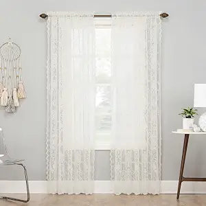 No. 918 Ariella Floral Lace Sheer Rod Pocket Curtain Panel, Ivory, 58" W x 96" L (1 Panel)