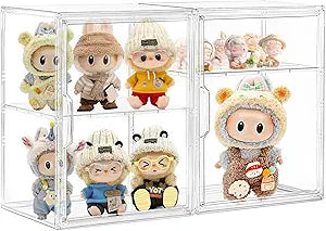 Attelite Acrylic Display Case for Collectibles, Clear Storage Bin with 3 Adjustable Layers, Stackable Storage Box with Magnetic Door for Figures, Home Office,Large,2 Tier Clear Storage Bin,2Pack