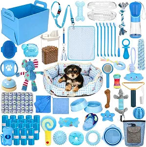Abbylike 75 Pcs Puppy Supplies Starter Kit for Small Dogs New Puppy Essentials Starter Kit for School Dog Toys Includes Dog Leash, Bowl, Brushes, Water Bottles, Welcome Home Gift (Blue)