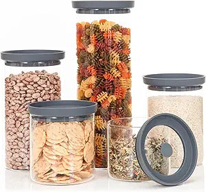 Glass Kitchen Storage Containers with Airtight Silicone Lids, BPA-Free Pantry Glass Jars with Airtight Lid for Pantry Meal Prep, Pasta and Food  Set of 5 with Portion Tool