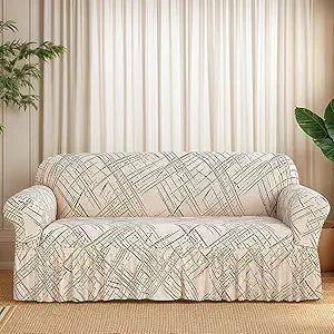 Printed Sofa Cover with Skirt High Stretch Non-Slip Couch Slipcover Easy Fitted Universal Furniture Protector for Living Room Beige Line(75-91)