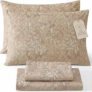 HLC.ME Leaves Printed - Brown Taupe Tan Floral Sheets - Cottage Patterned Bed Sheet Set - Wrinkle Resistant & Ultra Soft - Fits Mattresses up to 15 Inches Deep (Queen Size, Brown Taupe Tan)