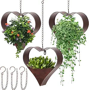 3 Pack Metal Plant Hangers Indoor and Outdoor Rustic Heart Shape Hanging Planters Holder Detachable Flower Pot with Hooks Chains Drain Hole Birthday Gifts for Women Mom Garden Lovers Home Decor