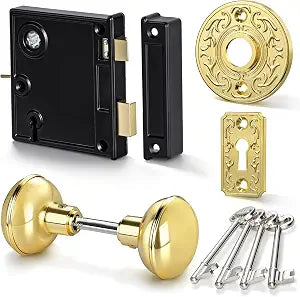 Vintage Rim Lock Set with Polished Brass Door Knob Rosette Plate, Antique Door Latch with Lock and Skeleton Key, Vertical Trim Vintage Lock Set for French and Screen Doors in Interior Doors