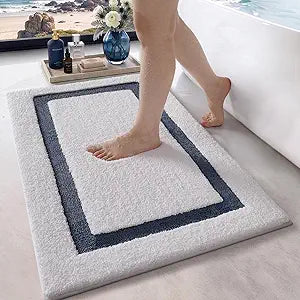LUMI White Bathroom Rugs, Soft Absorbent Microfiber Bath Mat, Non Slip Washable Bath Rug, Quick Dry Plush Bath Mats for Bathroom for Shower, Bathtub, Floor, White and Blue, 24x36