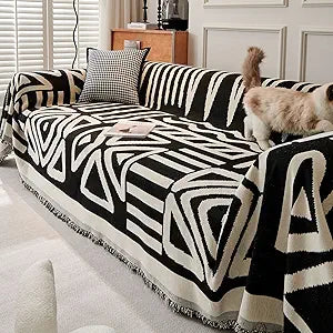 VClife Bohemian Sofa Cover for Couch, Washable Soft Sectional Couch Cover for Oversize Sofa, Non Slip Couch Covers Furniture Protector for Dog Pet, Cat Proof Sofa Slip Cover, White and Black 91"x150"