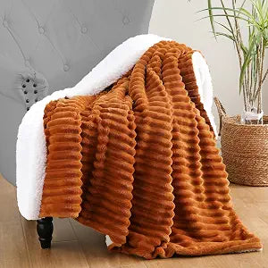 Burnt Orange Sherpa Fleece Throw Blanket 9090for Couch Sofa Bed | Double Side Soft Fuzzy Cozy Plush Thick Flannel Blanket with Striped Design Gift for Adults,Woman