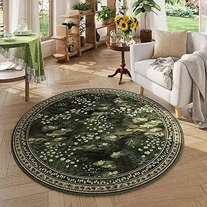 Rugcomf Circle Rug Impressionist-Style Vintage Round Rug 4ft Non Slip Low Pile Small Circular Rug for Bedroom Bathroom Entryway Kids Room Office College Dorm, Green
