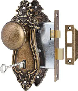 Antique Brass Bronze Vintage Door Knob with Mortise Lock Set Interior