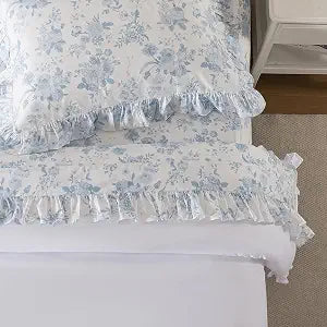 Brandream Ruffle Queen Sheet Set  Grandmillennial Floral Bed Sheets, Vintage Botanical Toile Floral Print in Classic Blue, Peony & Rose Design, Soft Breathable 100% Cotton Bedding, 4-Piece