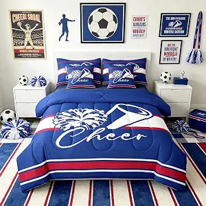 Feelyou Cheer Comforter Set with Sheets 7 Piece Full Size Cheerleader Bedding Set for Kids Boys Girls Sport Cheerleading Team Bed in a Bag Purple Red Room Decor Soft Lightweight Microfiber