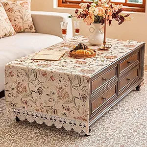 Luxury Chenille Coffee Table Cover Non-Slip Silicone Backing Heavyweight French Jacquard Table Cloth with Lace Trim Vintage Floral Furniture Protector(Mgltm Beige Floral,67" L x 27.6" W)