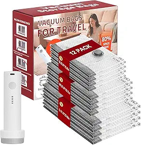Vacuum Storage Bags with Portable Electric Pump,Space Saver Sealer Bags, Airtight Compression Bags for Clothes, Pillows, Comforters, Blankets, Bedding (12 Pack)