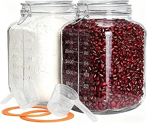 2 Pack 1.1 Gallon Square Super Wide Mouth, Airtight Glass Storage Jars, with Measurement Marks, Leak-Proof Lids for Kitchen Pantry, Canning, Dry Food (Flour, Sugar) & Drinks