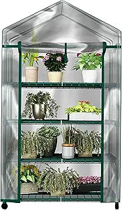 4 Tier Mini Greenhouse - Portable Greenhouse with Locking Wheels and PVC Cover for Indoor or Outdoor Green House by Pure Garden
