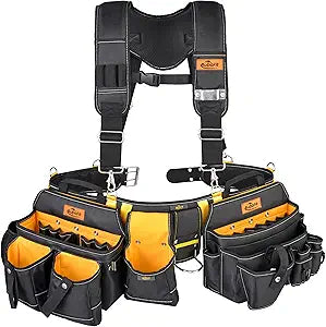 7-Piece Professional Tool Belt with Suspenders for Men - 1680D Construction Tool Belt, Electrician & Carpenter Tool Belt Rig, 32 Pockets Framing Tool Belt for Carpenters & Framers - Fits 36"-49" Waist