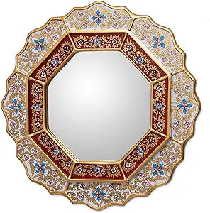 NOVICA White And Red Reverse-Painted Glass And Wood Framed Wall Mounted Round Mirror, 'White Star'