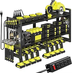 TOPRINCE Large Power Tool Organizer Wall Mount with Charging Station, 3-Tier Heavy Duty Metal Tool Rack with 8 Drill Holders and 6FT Power Strip, Garage Workshop Storage.Black