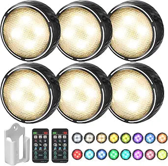 LED Puck Lights with Remote Battery Operated Under Cabinet Lighting Wireless Stick on Lights Color Changing Timer Tap Lights for Cabinets Shelves Closets Display Case - 6Pack Black