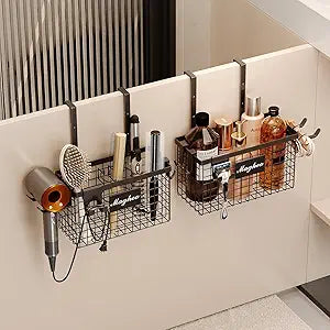 Magheo 2 Pack Hair Tool Organizer,Adhesive Hair Dryer Holder Cabinet Door/Wall Mounted Adjustable Height Blow Dryer Holder Under Sink Bathroom Hair Appliance Organizer and Storage Countertop(Black)