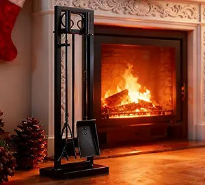 Kingson 5-Piece Fireplace Tool Set Γ 30.5" Black Scroll Design Heavy Duty Fireplace Accessories for Indoor & Outdoor Wood-Burning Fireplaces, Fire Pit Tools