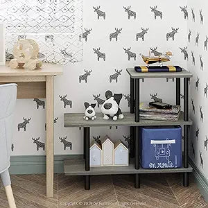 Furinno Turn-N-Tube Storage Shelves, 3-Tier Ladder Book Shelf, Accent Display Shelf, Toolless Open Shelves, Round Tubes, for Organization and Storage, Living Room, Garage, Home Office, Grey Oak