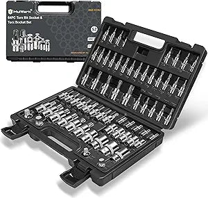 MulWark Torx Socket Set 64-Piece | 3/8, 1/4, 1/2 in. Drive Bit Socket Set and External Torx Socket Set w./ Impact Adapter and Reducer | S2 and Cr-V Steel