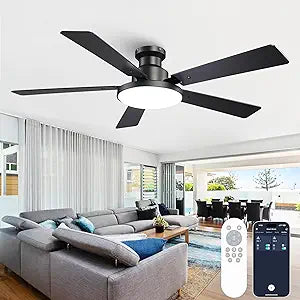 52 Inch Low Profile Black Ceiling Fan with Lights, 12.2'' Large 3CCT LED Light Panel, APP & Remote, 6-Speed Quiet Reversible DC Motor, Modern Flush Mount Ceiling Fan for Bedroom Living Room