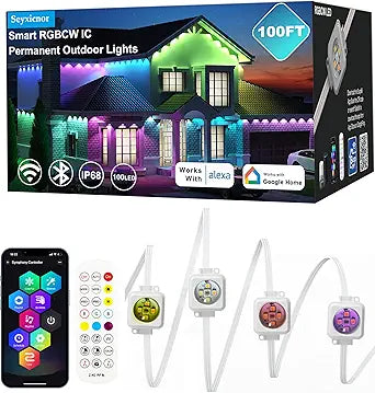 100ft Permanent Outdoor Smart Lights Pro with 60 RGBCW+IC LEDs & WiFi/Alexa Control, IP68 Waterproof Christmas Lights Outdoor Year-Round Lighting 108 Scene Modes for Daily, Halloween Dcor