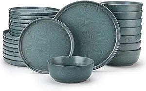 vancasso Plates and Bowls Sets, 24 Pieces Stoneware Dinnerware Set for 8, Ceramic Dish Set for Kitchen, Microwave and Dishwasher Safe, Smoky Teal, Series ZERMATT