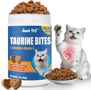Just Try 16 OZ Cat Taurine Bites - Taurine for Cats with L-Carnitine, Omega 3 and Vitamins - Supports Immune, Heart and Eyes Health Cat Supplements 300 Bites