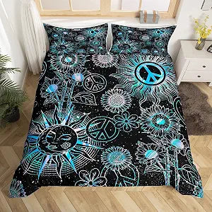 Sun and Moon Duvet Cover Set Queen Size,Peace Sign Boho Hippy Style Bedding Set,Girls Boys Room Decor,Sunflowers Botanical Rustic Comforter Cover,Blue Purple Chic Quilt Cover,2 Pillowcases