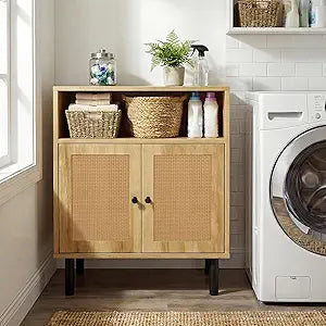 Narrow Storage Cabinet with Rattan Doors, 32" Tall Small Cabinet for Bathroom, Small Space Hallway Entryway, Free-Standing Sideboard for Laundry Room Kitchen, Easy Assembly(Dark Oak)