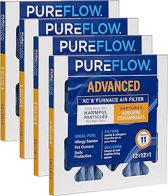 PUREFLOW Home Air Filter MERV 11, 12x12x1 Furnace Filter, 4 Layer High Efficiency Filtration for Dust, Smoke, Fumes, Pollutants (4-Pack)