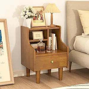 Solid Wood Nightstand, Walnut Bookshelf Nightstand with Open Storage Shelves, Mid Century Modern Night Stand with Drawer, Bedside Table for Bedroom
