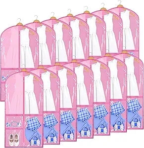 Geelin 14 Pcs Garment Bags for Dance Costumes PVC Clear with Zippers 20 x 40 Inch Garment Bag with Pockets Dance Costume Organizer Carrier for Storage Cover for Adult(Pink)