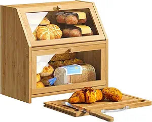 BMOSU Bread Box with Cutting Board Kitchen Bread Storage Organizer Farmhouse Countertop Double Bamboo Wood Bread Box(Natural)