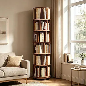 6-Tier Rubberwood Rotating Bookshelf, 360 Spinning Bookcase with Lockable Wheels, Space-Saving Freestanding Corner Storage Rack, Walnut Finish, 17.3"D17.3"W78.5"H for Living Room Office Bedroom