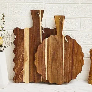 Novabright 2 Pcs Acacia Wood Scalloped Cutting and Chopping Board with Handle Decorative Cutting Boards for Kitchen Wooden Charcuterie Boards Serving Tray for Cheese Meat Fruit Bread Baking