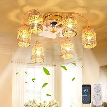 Qcyuui Rattan Boho Ceiling Fan with Light,26.4'' Ceiling Fans with Lights and Remote Low Profile Ceiling Fan with Light with Reversible 6 Speeds for Kitchen Living Room Bedroom,E26 Base (Gold)