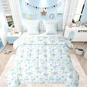 Feelyou Bow Comforter Set with Sheets 7 Piece Twin Size Floral Bed in a Bag Kids Boys Girls White Blue Bedding Set Cute Bedroom Decor Princess Style Breathable Soft Lightweight Microfiber