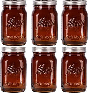WELLIFE Amber Mason Jars, 6 Pack wide mouth mason jars for Pickling, Canning, Fermenting and Food Storage, Microwave Safe