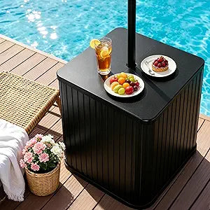 Umbrella Side Table with Hole, Fit Up to 1.5" Poles, Heavy Duty Fillable Base, 132 lbs Capacity, 2 in 1 Outdoor Patio Side Table for Patio Porch Deck Balcony Poolside, Easy Assembly, Modern Style