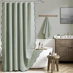 BTTN 72x96 Shower Curtain, Extra Long Scalloped Linen Textured Cute Heavy Duty Shower Curtain Set with Hooks, Tall Neutral Modern Luxury Waterproof Fabric Shower Curtains for Bathroom - Sage Green