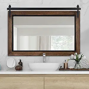 YOSHOOT Farmhouse Barn Door Mirror, 48"x30" Rustic Bathroom Mirror, Wood Frame Wall Mirror, Wooden Mirror for Living Room Bedroom Entryway Wall Dcor, Horizontal Hanging ONLY
