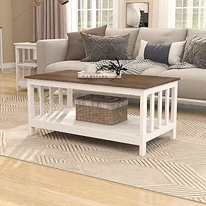 ChooChoo Farmhouse Coffee Table, White Living Room Table with Shelf, 40 Inch
