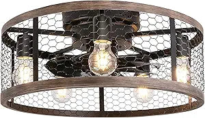 Ohniyou 20'' Flush Mount Caged Ceiling Fan with Lights Remote Control, Farmhouse Rustic Low Profile Small Vintage Enclosed Ceiling Fan Lighting Fixture Bedroom Dining Room