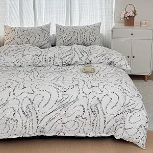 BlueBlue Curve Duvet Cover Set Queen 100% Cotton Bedding Black and White Ripple Pattern 1 Modern Abstract Geometric Full Comforter Cover 2 Pillow Shams, Queen
