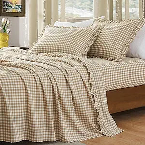 KKJIAF 4 Pieces Plaid Ruffle King Size Sheets Set, Cotton Gingham King Sheet Set Linen Feel Comfy Breathable Ruffed Plaid Bed Sheet Set with 16 Inches Deep Pocket, Taupe